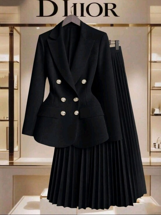 Jackets & Blazers - Women's Gold Button Decor Blazer + Pleated Skirt Elegant Casual Commuter